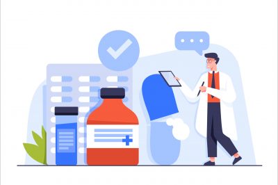 Professional Pharmaceutical Science. Pharmacist checking Medicaments in Pharmacy Store. Pharmacy Business Medicine Drug Store Character. Flat Cartoon Vector Illustration